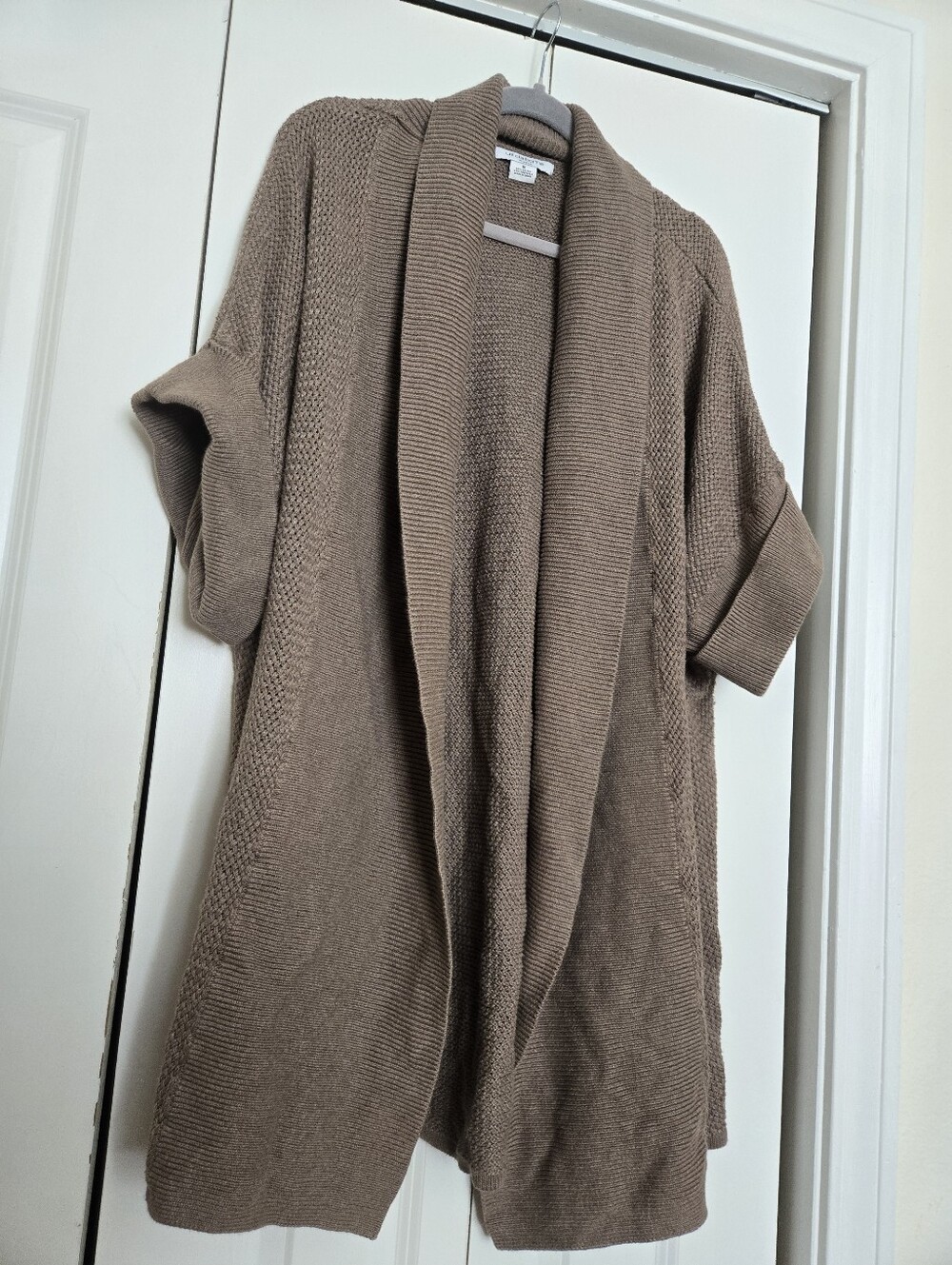 Cozy Open-Front Short Sleeve Cardigan Sweater - Taupe 1X